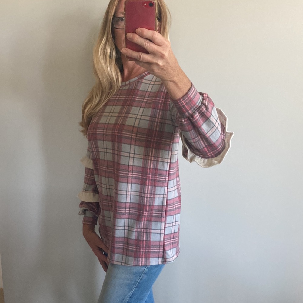 Plaid Long Sleeve with Ruffle Detail Top - Picture 8 of 10